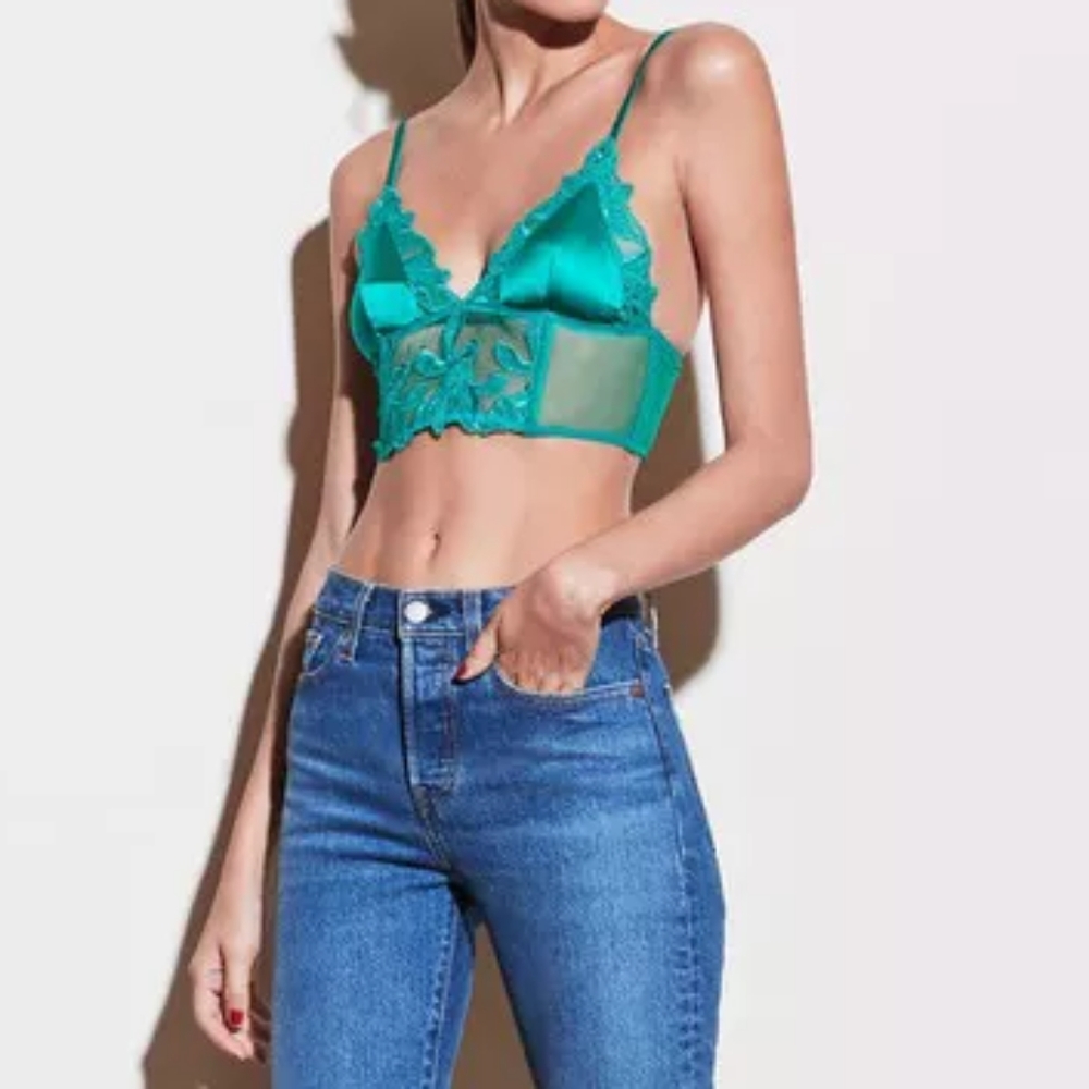 RARE Fleur Du Mal Emerald Lily Embroidery Longline Triangle Bra  (Size Small)